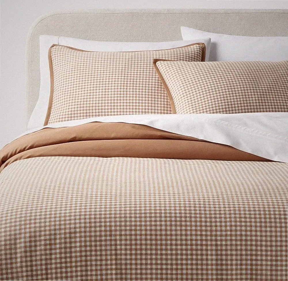 King Trad Mini Gingham Duvet and Sham Set Camel - Threshold NEW RARE