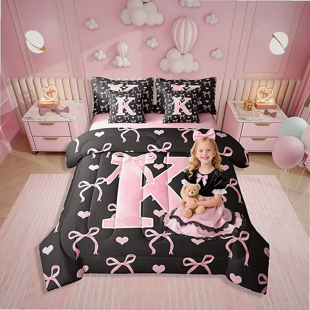 Letter A-Z 7 Piece Bedding Set Full Size for Girls Black Pink Bowknot Set wit...