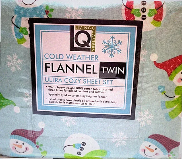 Living Quarters Twin Sheet Set Heavy Weight Flannel Blue/Green Snowman