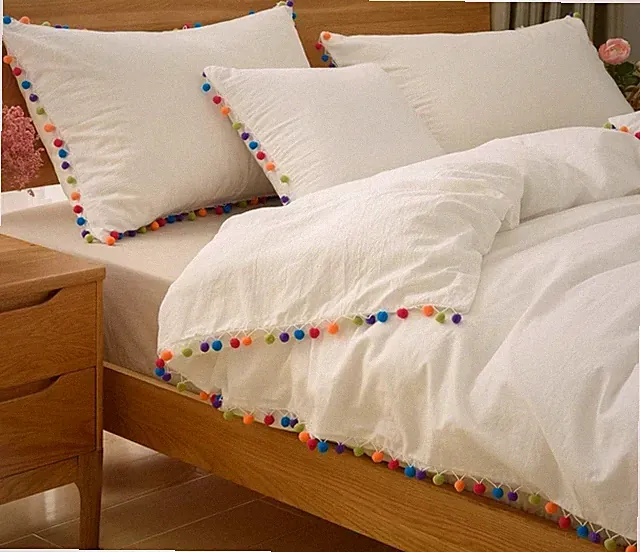 Luxury Washed Cotton Made Edges ColorFul Pom-pom Tassel Beddiing Duvet Cover Set