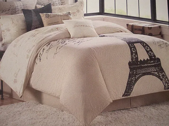 MARTEX 2pc Paris Eiffel Tower Stripe Cream Beige Tan Black Comforter Set - Twin