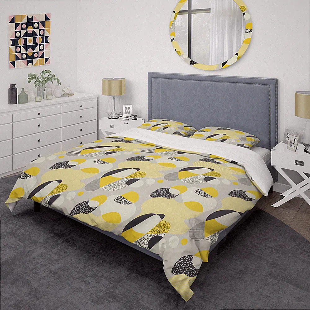 Modern & Contemporary Abstract Duvet Cover Set Yellow / Black / Gray ~ King Size