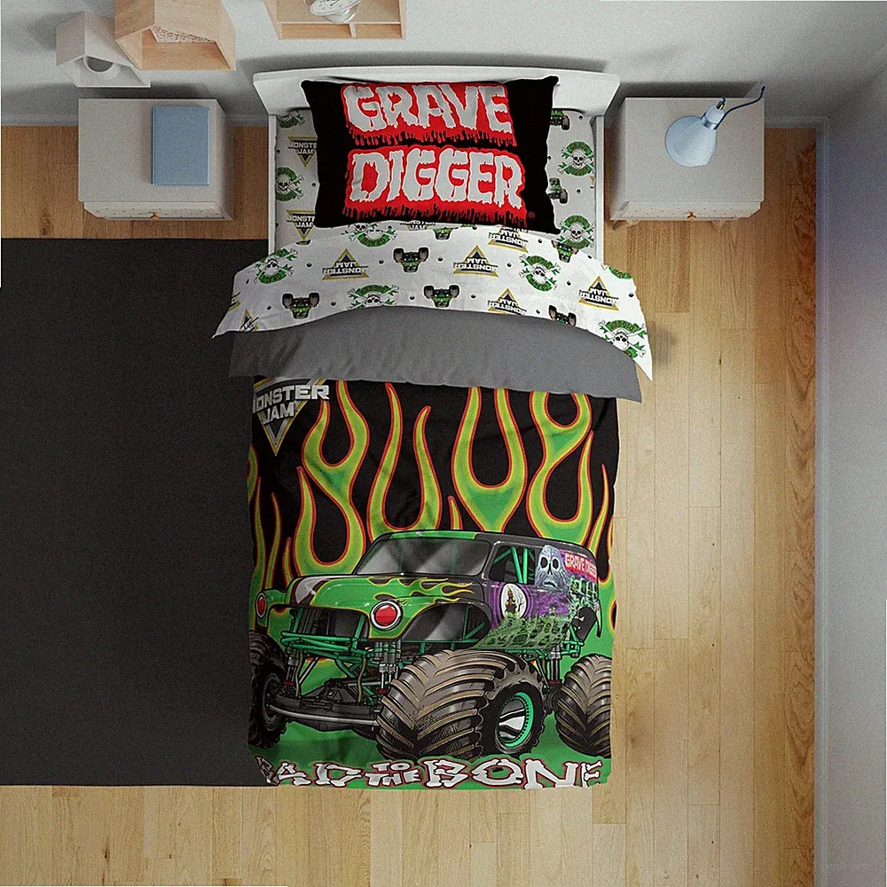 Monster Jam Toddler Comforter Set - 4 Piece Preschool Bedding Includes Comfor...