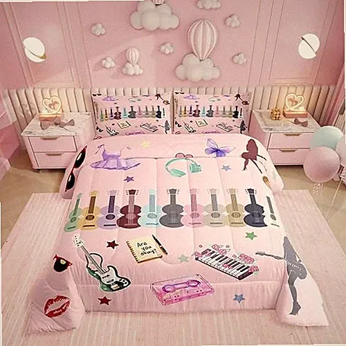 Music Fans Guitar Comforter Set Music Themed Bedding Set Queen Pink Purple