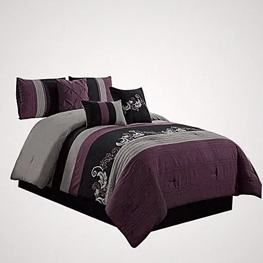 Napa 7-Piece Luxury Leaves Scroll Embroidery Bedding Queen Purple/Black/Gray