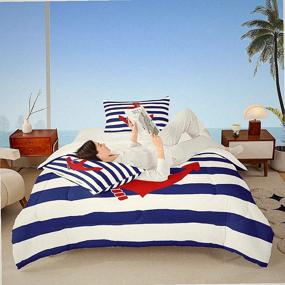 Nautical Anchor Comforter Set Queen,Geometric Stripes Duvet Insert Ocean Adventu