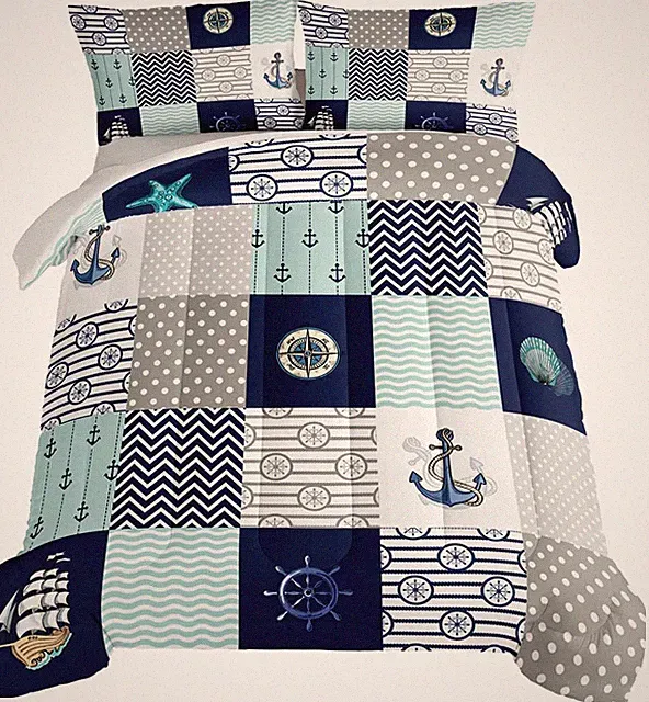 Nautical Comforter Set Queen,Plaid Patchwork Ocean Themed Bedding Sailboat and A