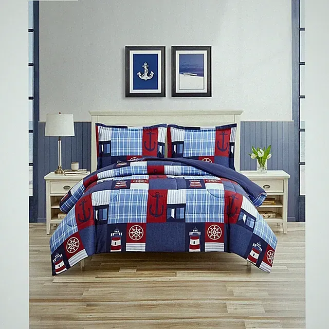 Navy Blue Red Nautical Anchors Patchwork 3 pc Comforter Set Twin Full Queen King
