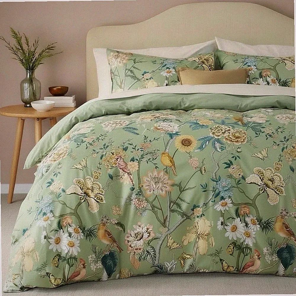 NEW Anthro Green Floral Bird Boho Cotton Queen King Size Bedding Duvet Sham Set