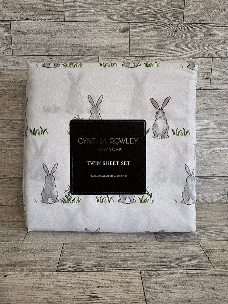 New Cynthia Rowley Cute Bunny Rabbit Bunnies Spring Easter 3 Pc Twin Sheet Set