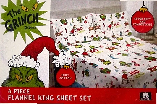 NEW DR SEUSS THE GRINCH HO-HO-HO MERRY GRINCHMAS NAUGHTY FLANNEL KING SHEET SET