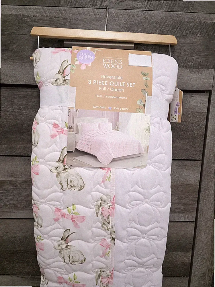 New Easter Bunny Pink Bow QUEEN Reversible Quilt set