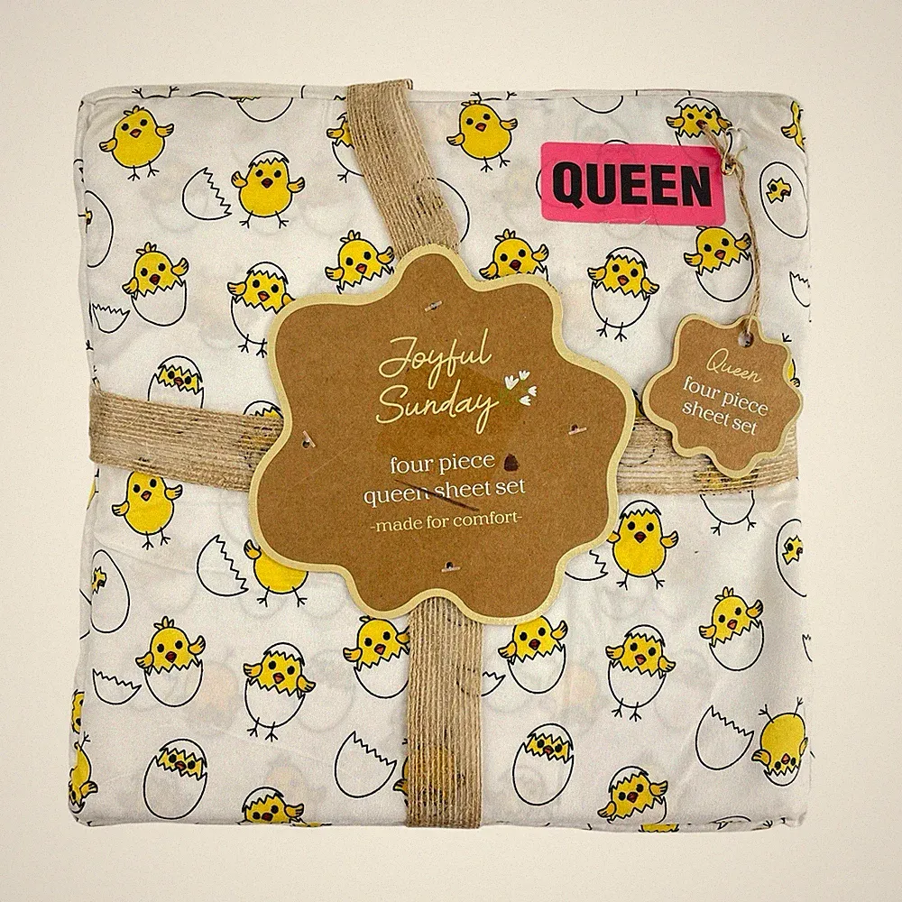 NEW Joyful Sunday Easter Chicks QUEEN 4Pc Sheet Set White w/Yellow Chicks & Eggs