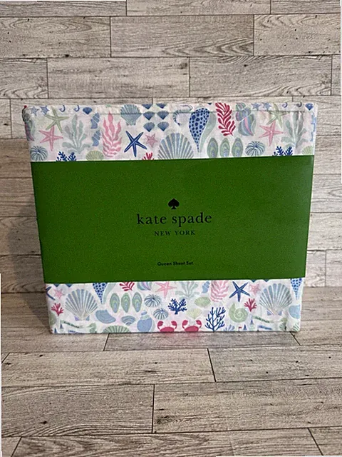 New Kate Spade Queen 4 Piece Coastal Beach Shells Sandcastles Cotton Sheet Set