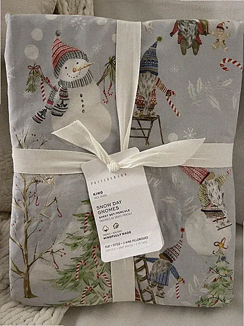 NWT Pottery Barn ~ SNOW DAY GNOME ~ KING Sheet SET ~CHRISTMAS~ SNOWMAN Skiing