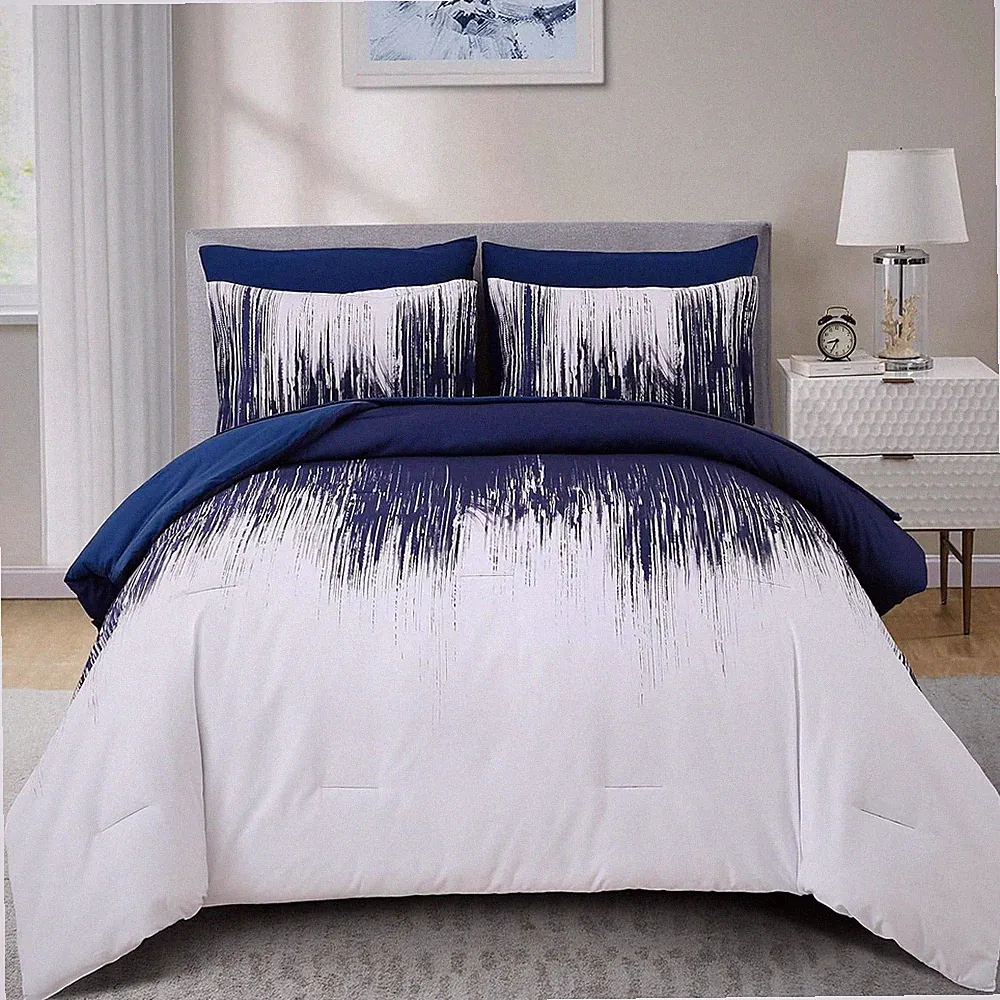 Ombre Blue Comforter Set Queen Size Gradient Navy Blue White Boho Bedding Set fo