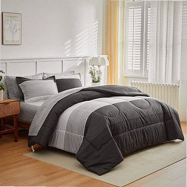 Ombre Striped 7-Piece Queen Bed Set - Grey & White Comforter & Sheets