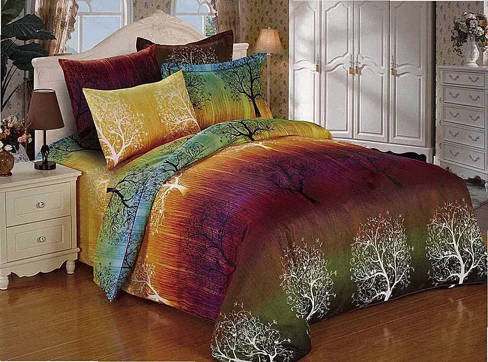 Queen Size Rainbow Tree Print Bedding Set: 1 Duvet Cover 2 Pillow Shams (J2849)