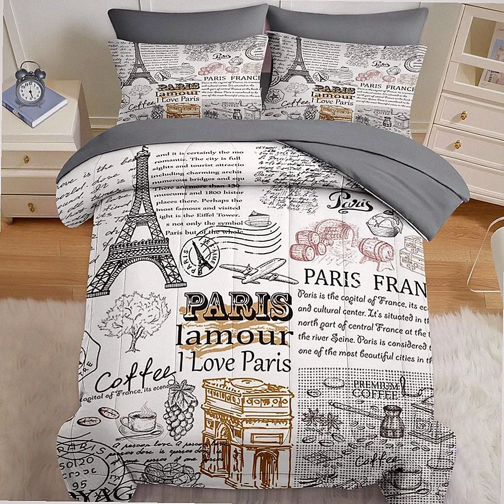 Paris Gold Eiffel Tower 7-Pc Queen Comforter Set for Kids & Adults