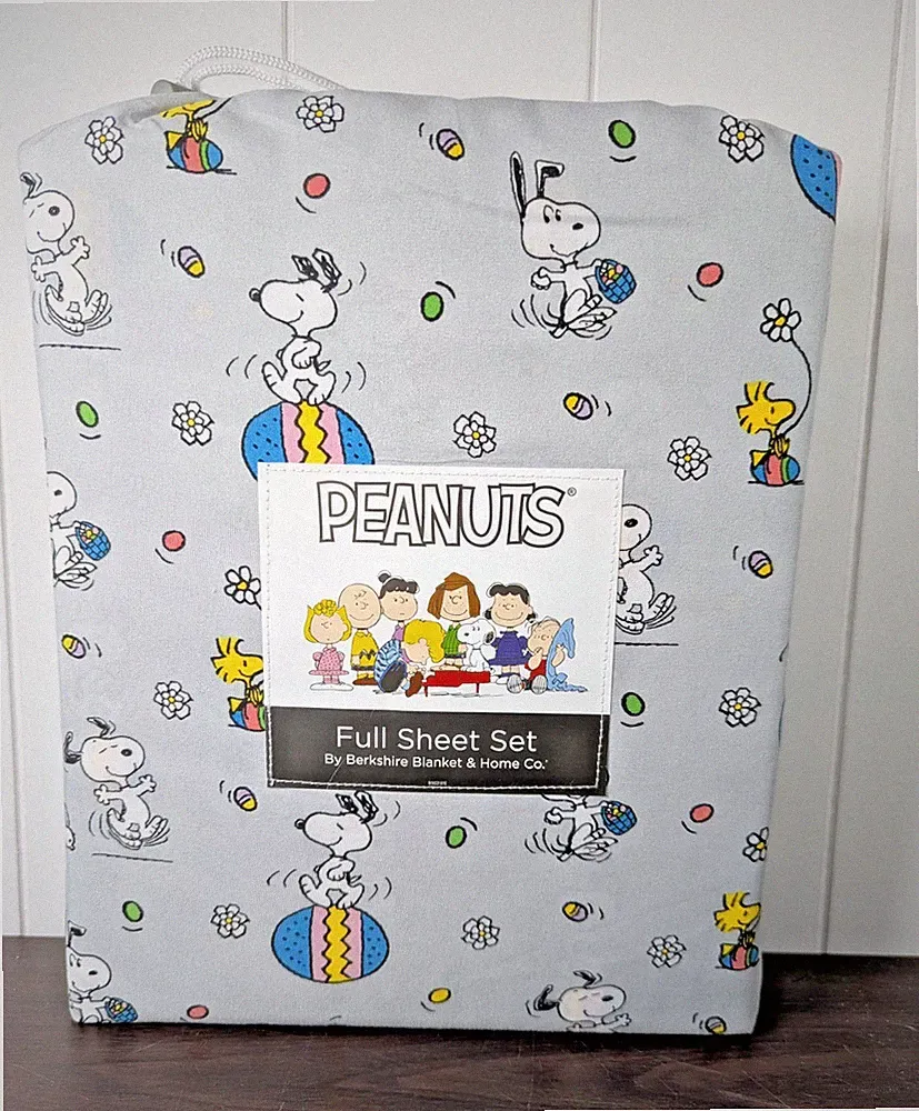 Peanuts Snoopy Easter Egg Bunny FULL size Sheet Set Soft Gray NEW