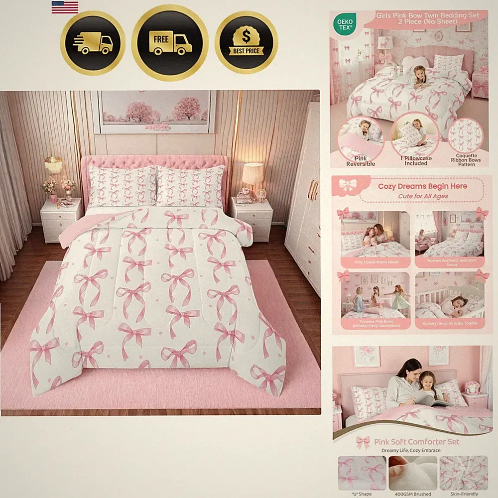 Pink Bow Bedding Set Twin Girls Comforter Pillowcase Modern Bowknot Decor