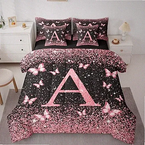 Pink Butterfly 7 Piece Bedding Set Individual Letters A Comforter Twin Pink a