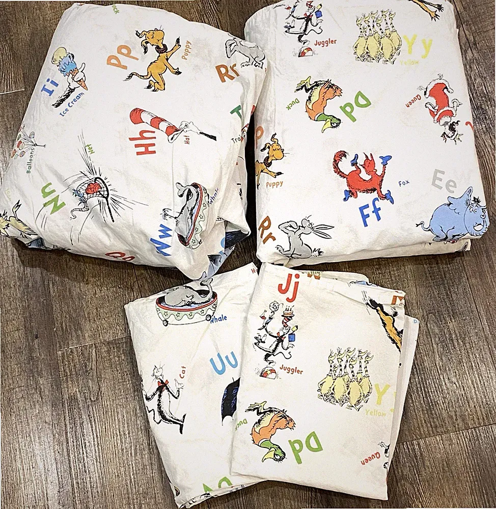 Pottery Barn Dr Seuss Sheet ABC Alphabet Queen Set Kids Retired 100% Cotton READ