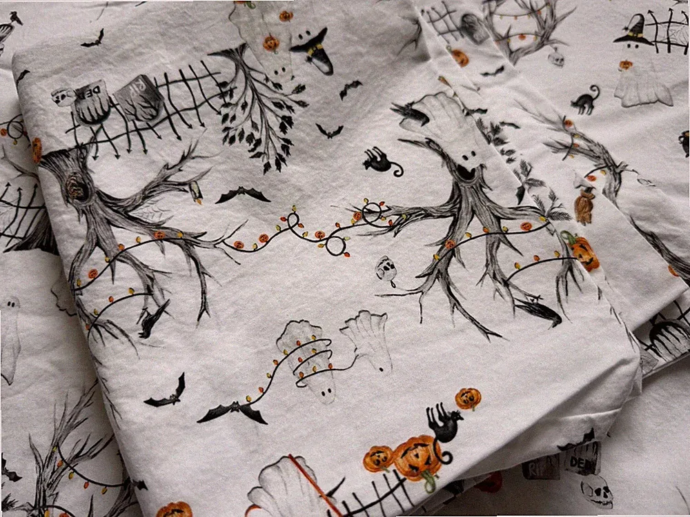 Pottery Barn Scary Squad Queen Sheet Bedding Set Halloween Ghosts Cat Pumpkins