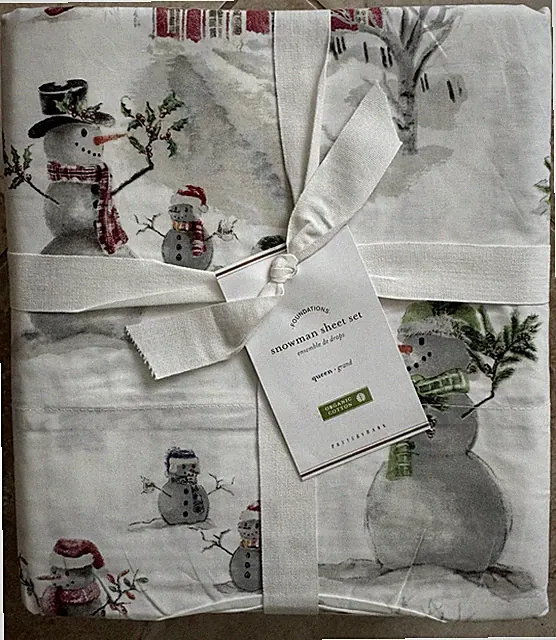 Pottery Barn ~ SNOWMAN ~ QUEEN Sheet SET ~CHRISTMAS~ HOLIDAY FUN WINTER SCARF