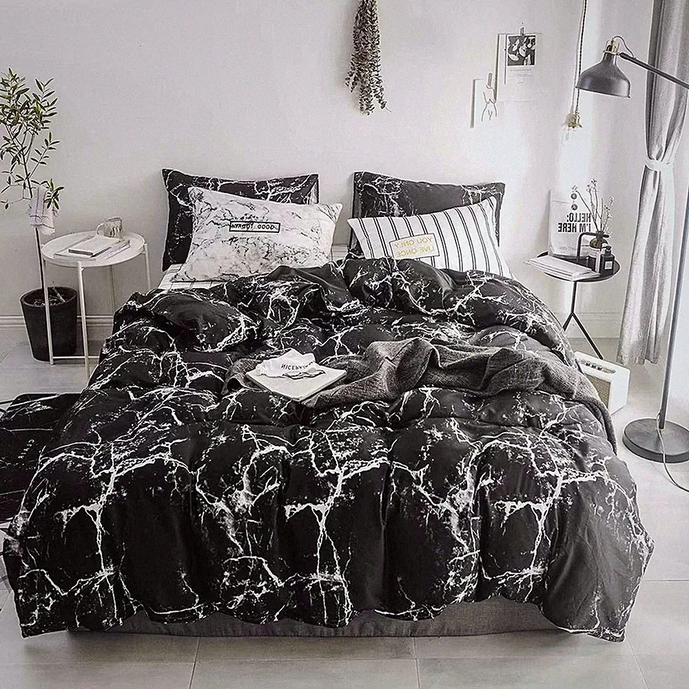 Pureant Black Marble Comforter Sets Queen Black and White Marble Bedding Comf...