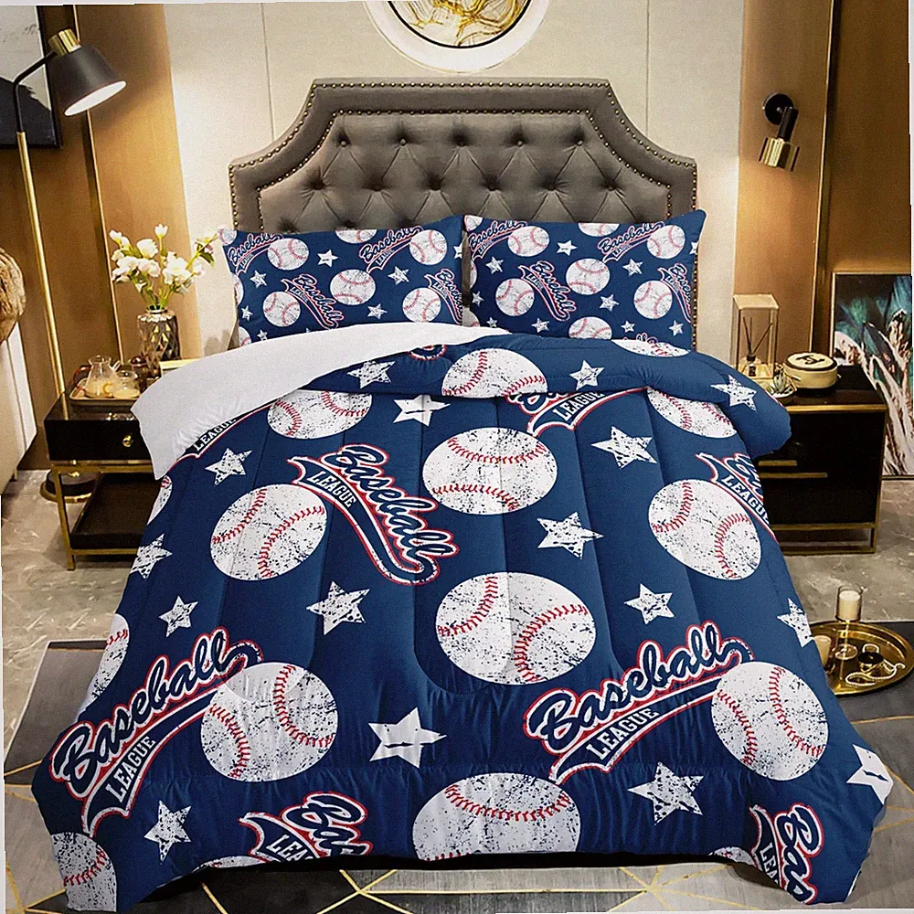 QOOMO 3D Baseballs Comforter Queen Size,Blue Baseball Kids Bedding Set,3Pcs B...