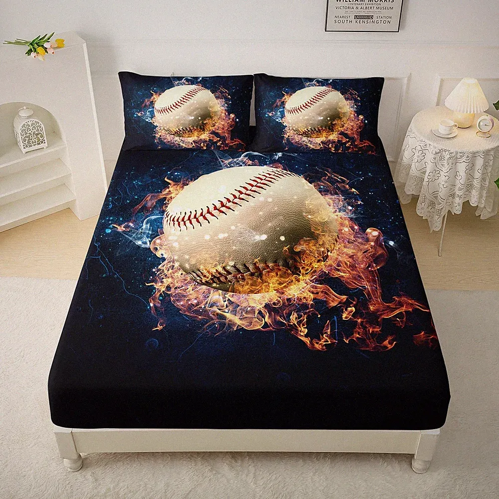 QOOMO Flame Baseball Kids Bed Sheets Queen Size,Fire Print Bedding Sheet Set,...