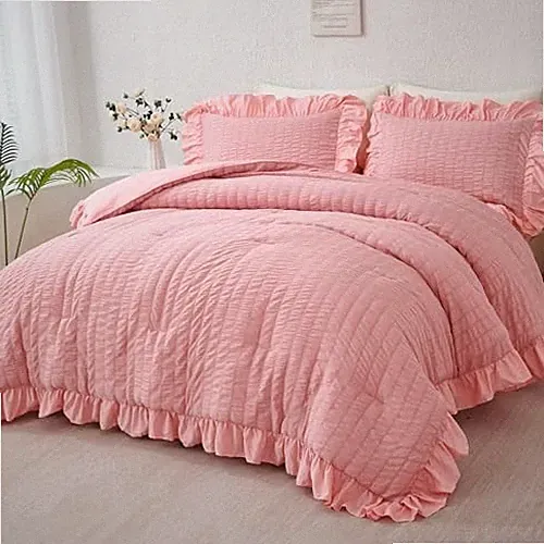 Queen Bed in A Bag Seersucker Bedding Sets 5 Pieces Ruffled Queen(5-piece) Pink