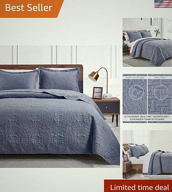 Queen Bed Quilt Set Blue Bedspread Comforter Coverlet for All Seasons