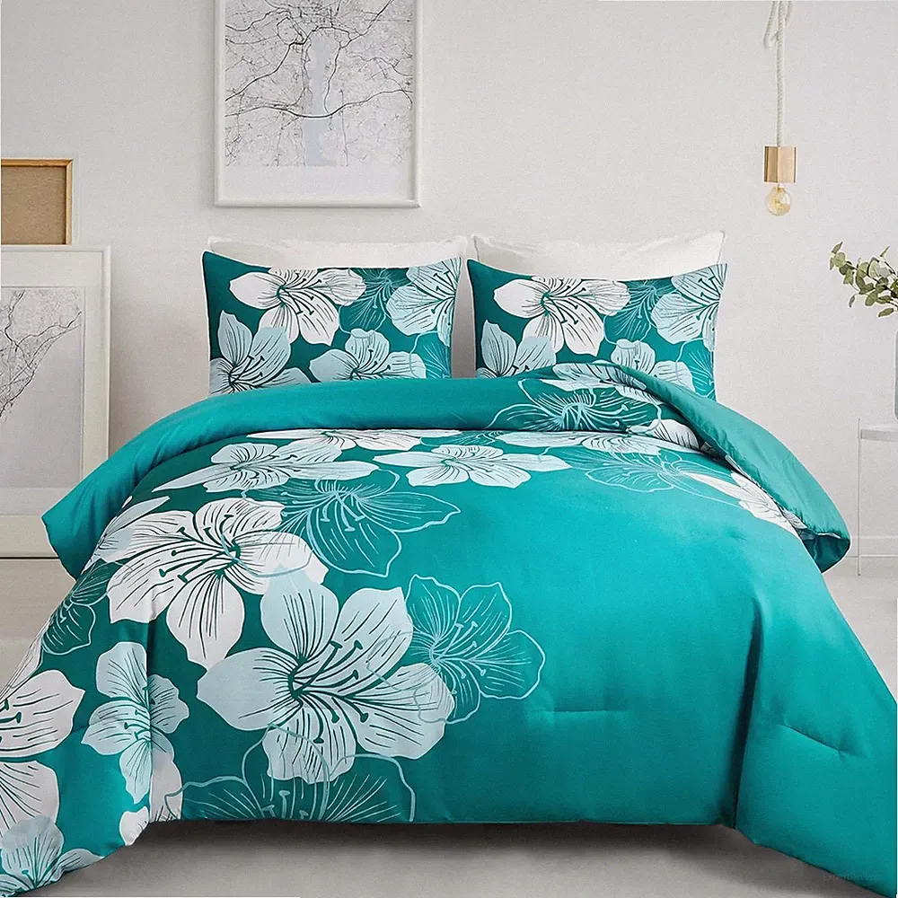 Queen Comforter Set Gradient Teal Bedding Floral Comforter Sets - Soft Microfibe