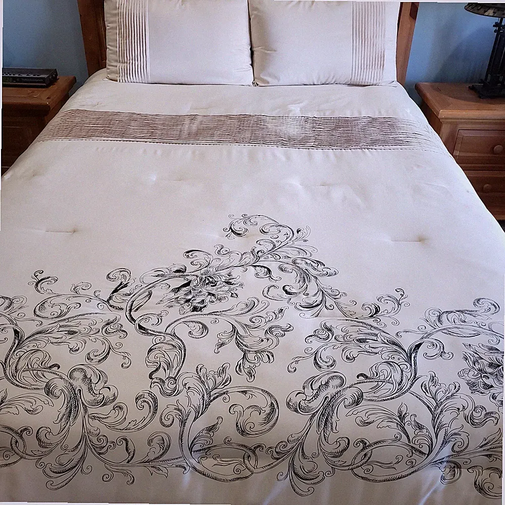 Queen Comforter Set Ivory Black Damask Scroll Pin Tuck Shams Traditional