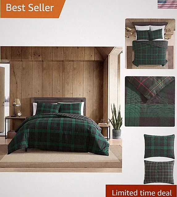 Queen Cotton Reversible Comforter Set with Matching Shams, Woodland Tartan Plaid