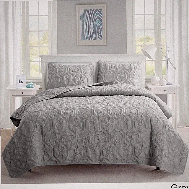 Quilt Set Queen Gray Shell Star Fish Coastal Comforter Shams Bedding Cover