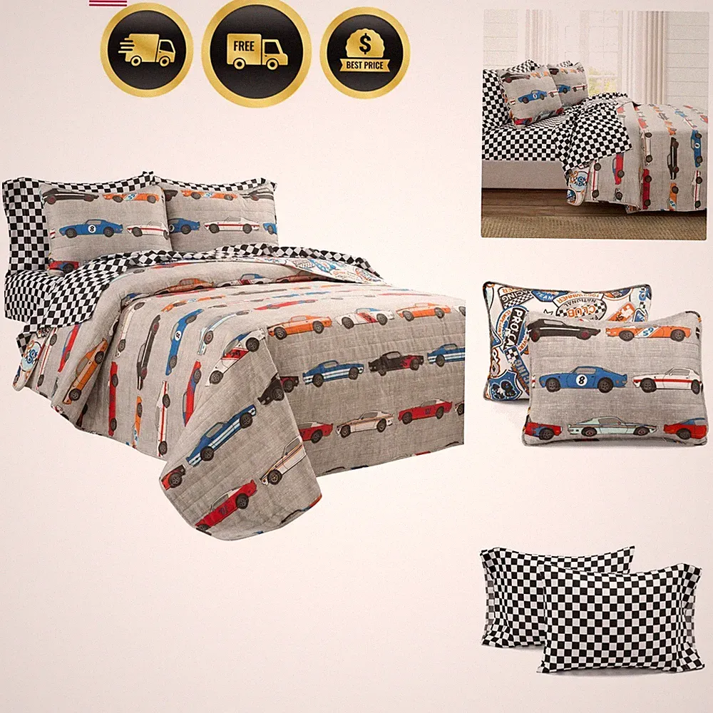 Race Car Kids' 5-Piece Oversized Quilt Bed Set, Reversible Bedding Set for Bo...