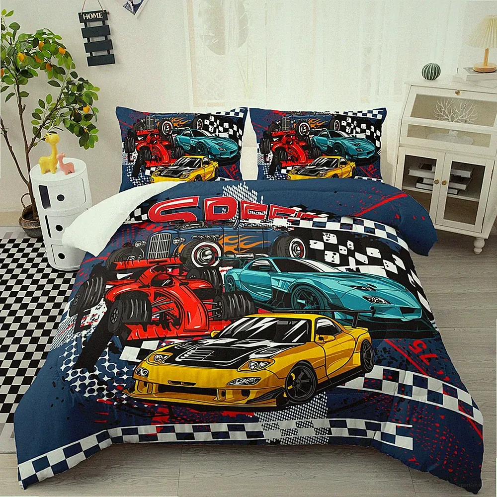 Racing Car Comforter Set Full Size, Cool Speed Race Car Bedding Sets for Kids Bo