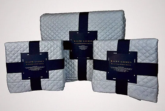 Ralph Lauren KING RL Quilted Sateen Argyle Quilt Set Shams Blue Hyacinth 300TC