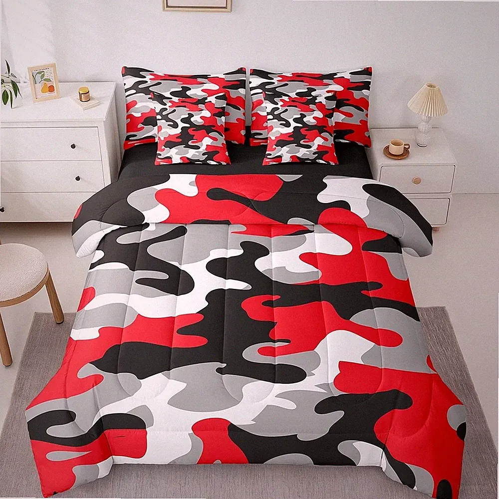 Red Black Camouflage 7 Pieces Bedding Set Camo Queen Comforter Set with Sheets f