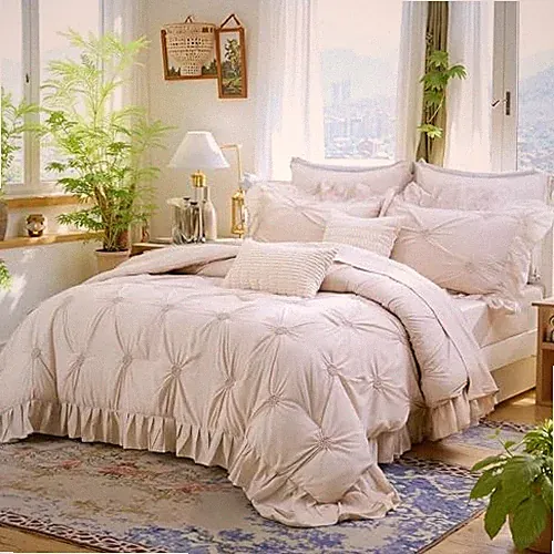 Ruffle Comforter Set,9 Pieces Comforter Set with Sheets,Floral Queen Beige