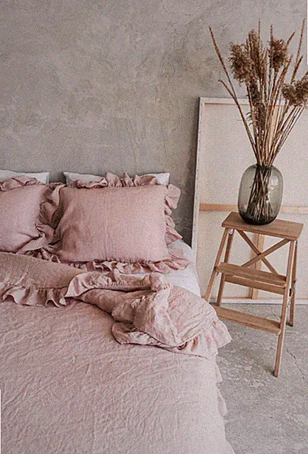 Ruffled Linen Duvet Cover pink grey Bedding Set Boho Queen Duvet Cover