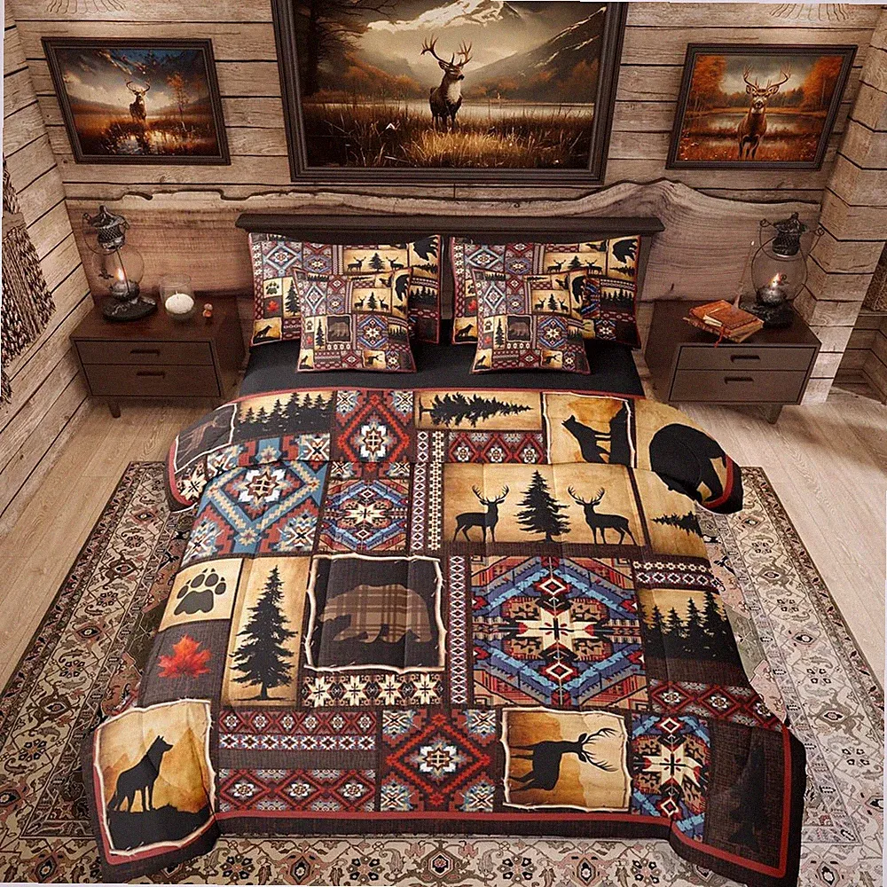 Rustic Cabin Plaid Comforter Set Queen - Woodland Animal Bedding Set