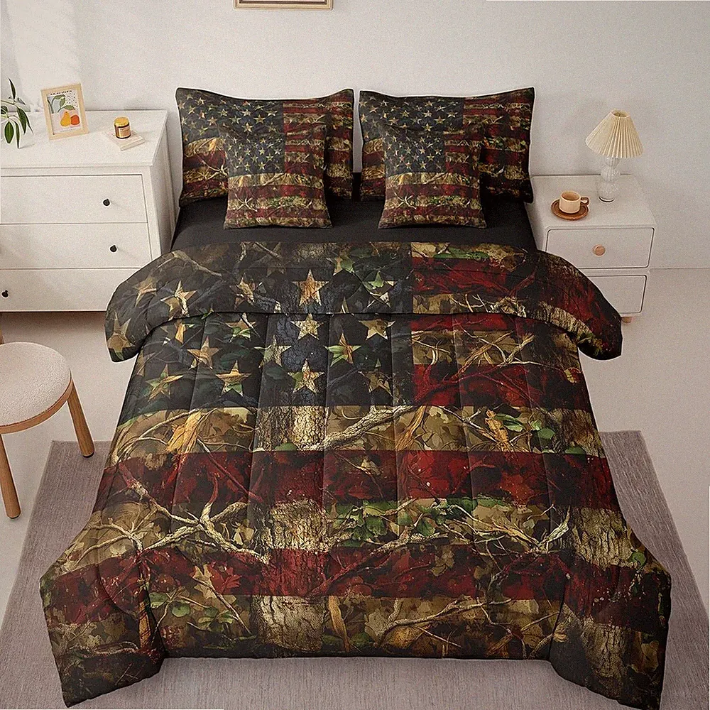 Rustic Woodland Camo American Flag Queen Bedding Set 7-Piece for Teens & Men