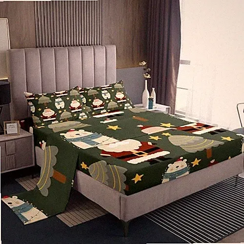 Santa Claus Bed Sheet Queen Set Cute Bear Pattern QUEEN (W60*L80*H16") Multi 01