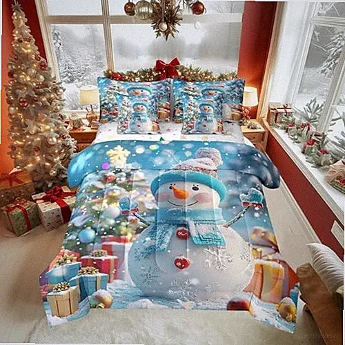 Size 7 Piece Bedding Sets Snowflake Snowman Comforter Set Queen White Blue