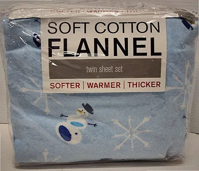 Snowman and Snowflake Soft 100%Cotton Flannel Sheet Set Twin Deep Pockets Blue