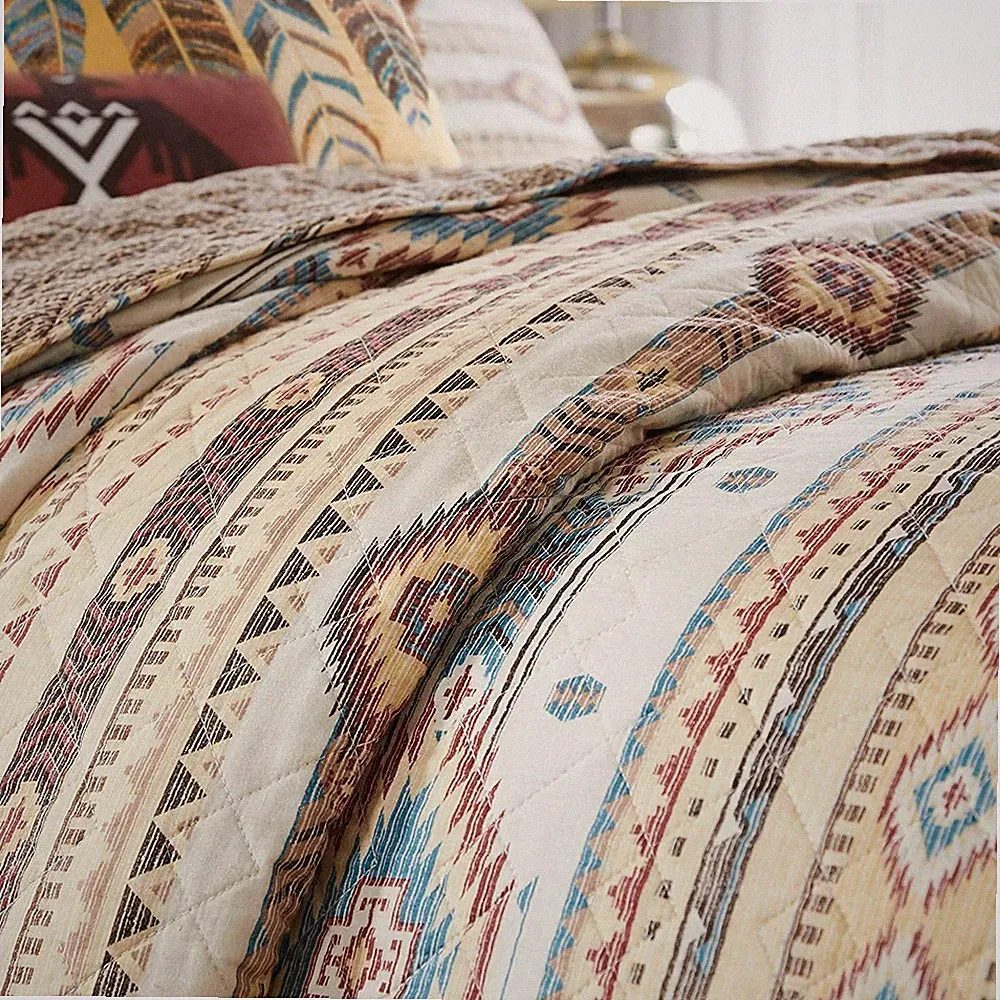 SOUTHWESTERN PHOENIX 3p King QUILT SET : BROWN TURQUOISE SOUTHWEST NATIVE TRIBAL